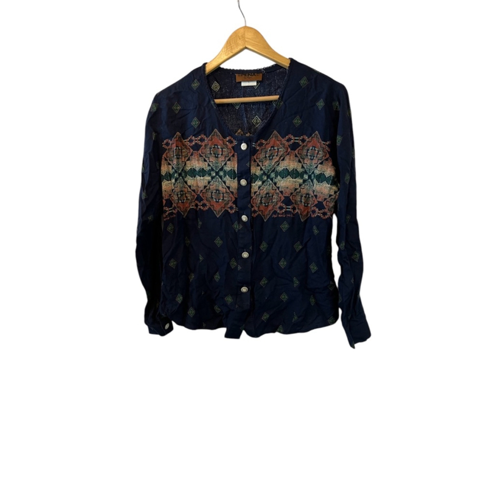 Blue Printed Button Up Rayon Long Sleeve Boho Top L